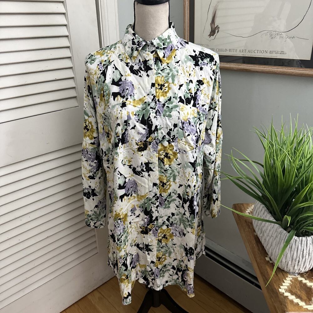Zoye Chen Shirt Dress Medium Abstract Floral Feminine Romantic Maximalist Chic